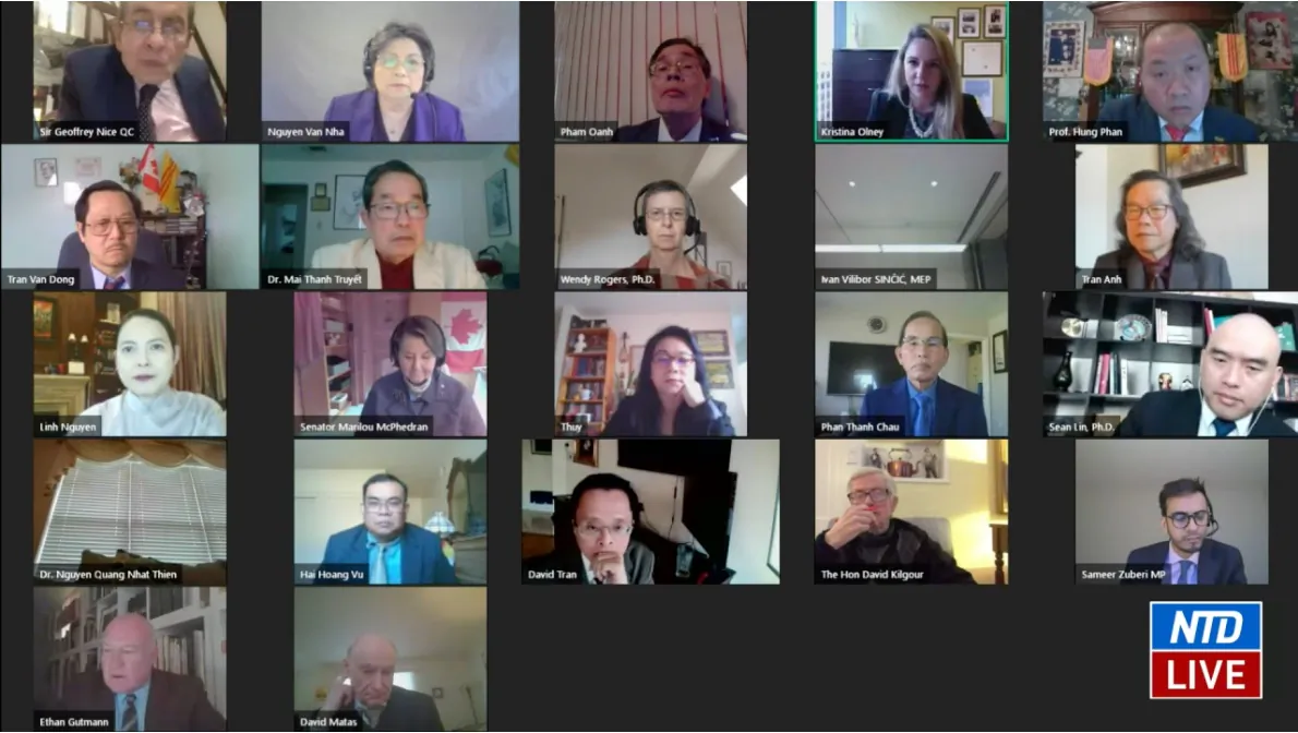 Kristina Olney (2nd from the top R), director of government relations for Washington-based nonprofit Victims of Communism Memorial Foundation, speaks during a webinar on Feb. 24, 2021. (Screenshot) 