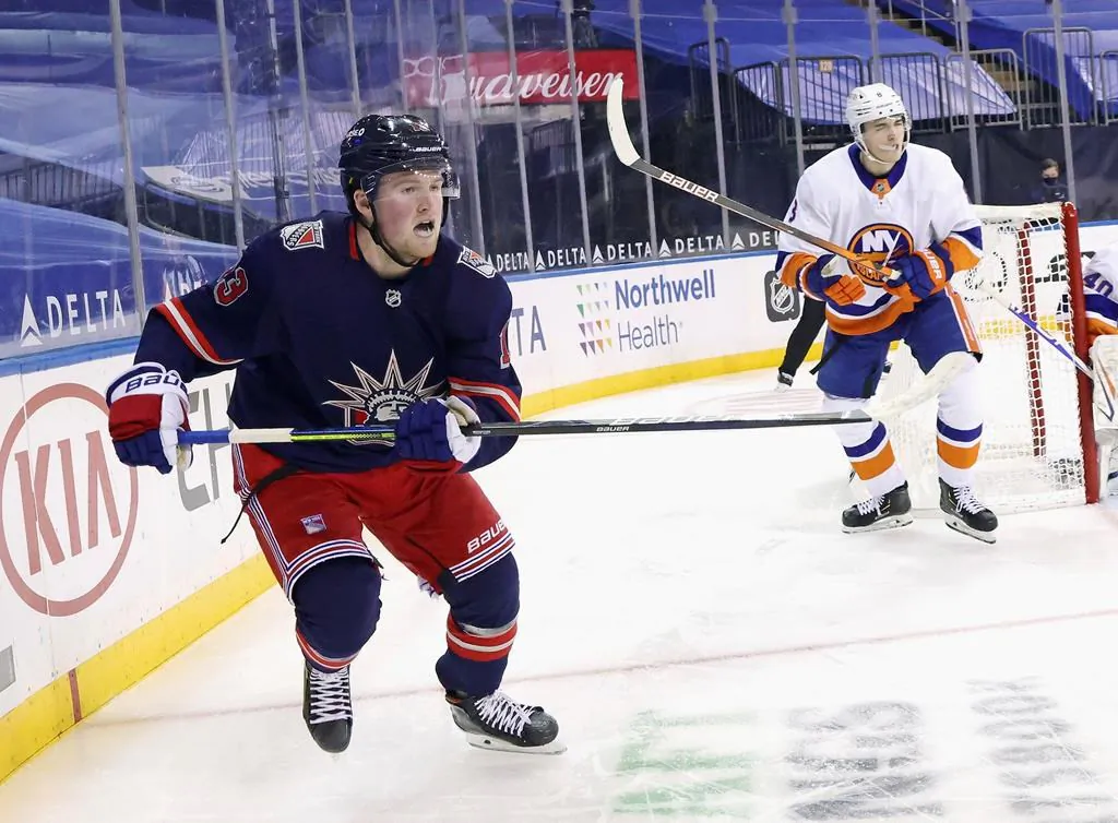 New York Rangers' Alexis Lafreniere skates against the New York Islanders during an NHL hockey game on Feb. 8, 2021, in New York. (Bruce Bennett/Pool Photo via AP)