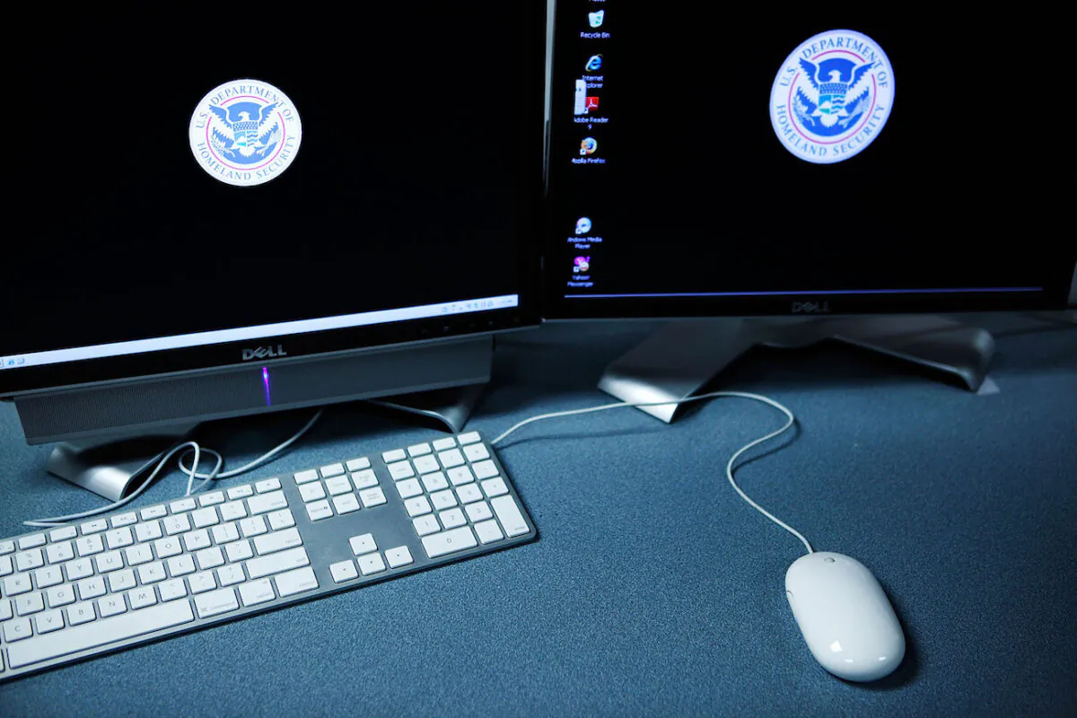 The logos of the U.S. Department of Homeland Security are seen on computer terminals of the Cyber Crimes Center of the U.S. Immigration and Customs Enforcement in Fairfax, Virginia, on Oct. 13, 2009. (Alex Wong/Getty Images)