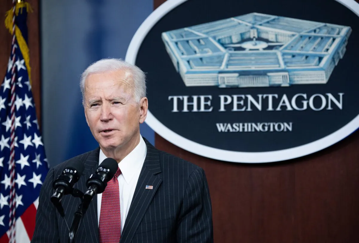 U.S. President Joe Biden speaks during a visit to the Pentagon in Washington, on Feb. 10, 2021. (Saul Loeb/AFP via Getty Images)