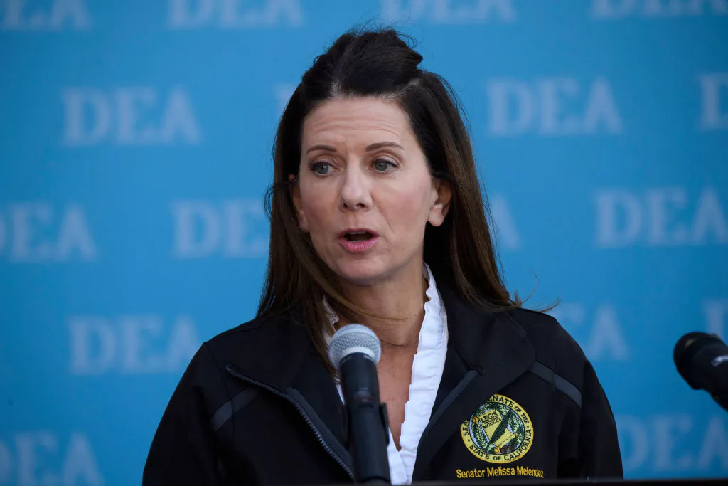 California state Sen. Melissa Melendez speaks during a news conference outside the Roybal Federal Building in Los Angeles, on Feb. 24, 2021. (Patrick T. Fallon/AFP via Getty Images)
