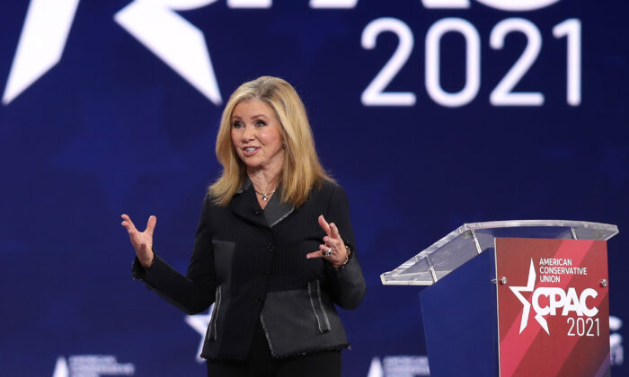 Sen. Marsha Blackburn (R-Tenn.) addresses the Conservative Political Action Conference being held in the Hyatt Regency in Orlando, Fla., on Feb. 26, 2021. (Joe Raedle/Getty Images)