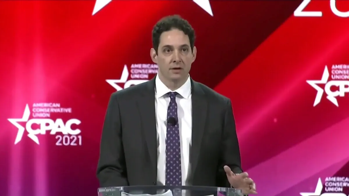 Alex Berenson speaks on censorship and freedom of speech at the Conservative Political Action Conference at the Hyatt Regency in Orlando, Fla., on Feb. 26, 2021. (CPAC/Screenshot via NTD)