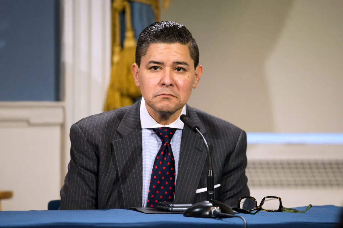 New York Department of Education Chancellor Richard Carranza, who resigned in 2021, appeared at a press conference in New York on March 19, 2020. (William Farrington-Pool/Getty Images)