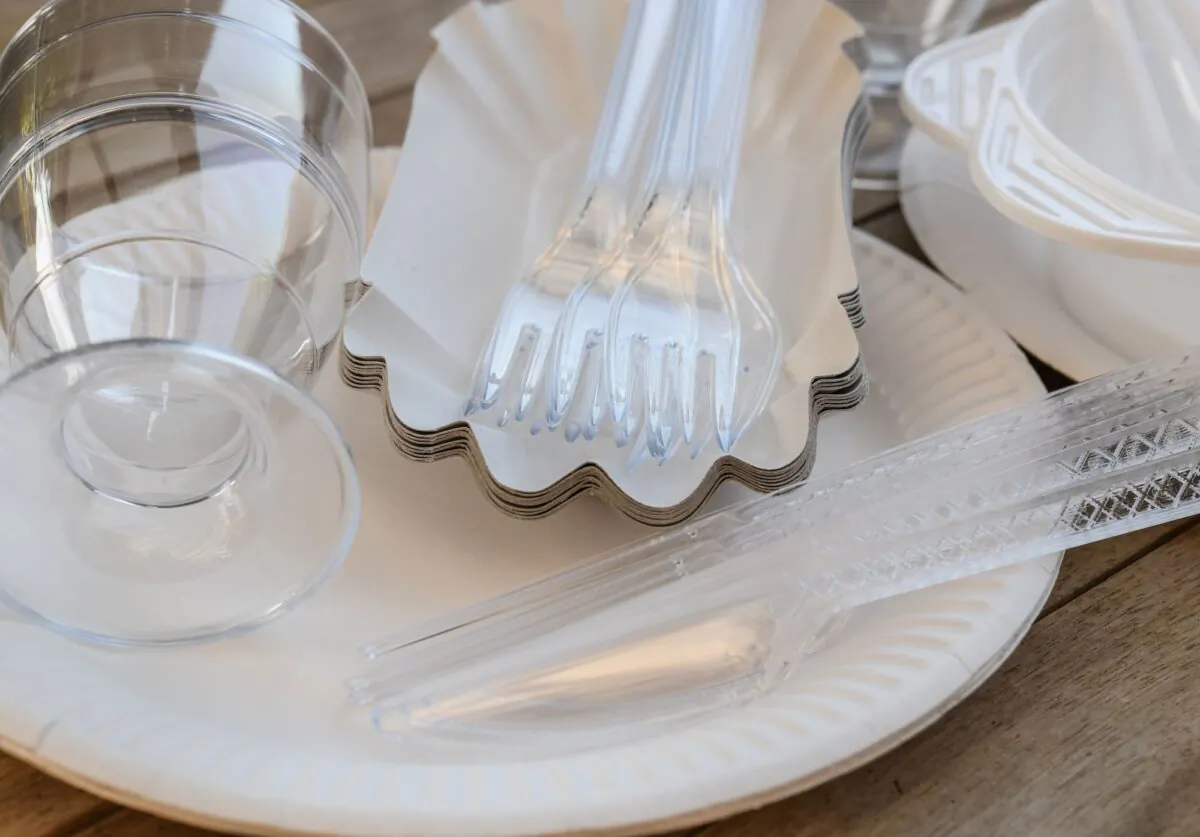 A picture taken in Sieversdorf, eastern Germany shows plastic cutlery on a table. on May 24, 2018. (Patrick Pleul/DPA/AFP via Getty Images)