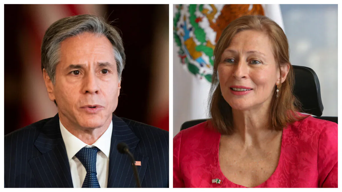 (L) Secretary of State Antony Blinken speaks in the Benjamin Franklin room at the State Department, during a virtual meeting with Mexican Secretary of Economy Tatiana Clouthier, who is in Mexico City, in Washington on Feb. 26, 2021. (Manuel Balce Ceneta/Pool via Reuters) (R) Mexican Secretary of Economy Tatiana Clouthier looks on in an office at the Secretary of Economy building in Mexico City, during a virtual meeting with Secretary of State Antony Blinken, who is in Washington, in Mexico City on Feb. 26, 2021. (Mexico's Secretary of Economy Officer/Handout via Reuters)