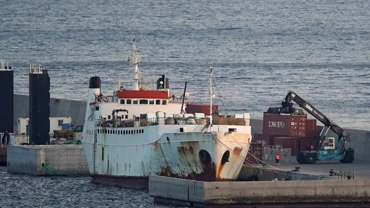 Livestock ship "Karim Allah" carrying nearly 1,000 Spanish cattle stranded on the ship with suspected bluetongue disease is docked at Escombreras port in Cartagena, Spain, on Feb. 26, 2021. (Juan Medina/Reuters)