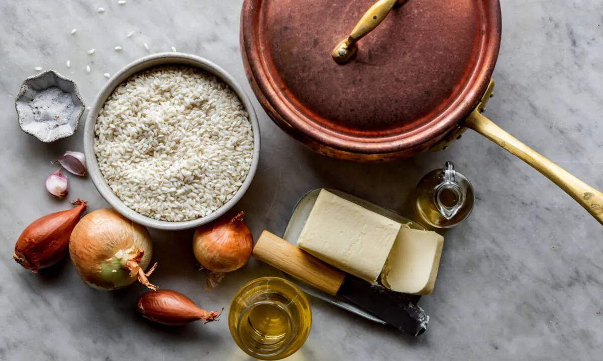 Some essential risotto ingredients: rice, fat, and aromatics. (Giulia Scarpaleggia)