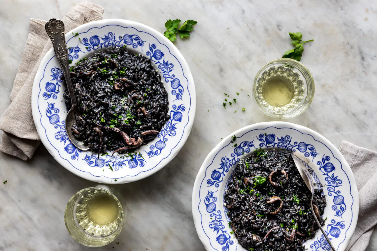 Squid ink gives this risotto a striking color and distinctive briny flavor. (Giulia Scarpaleggia)