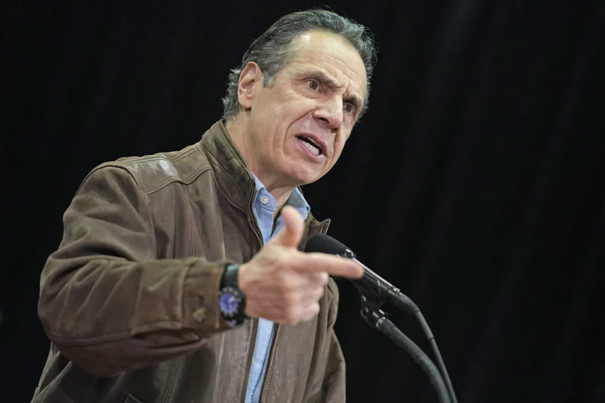 New York Gov. Andrew Cuomo speaks during a press conference before the opening of a mass COVID-19 vaccination site in the Queens borough of New York City, on Feb. 24, 2021. (Seth Wenig/AP)