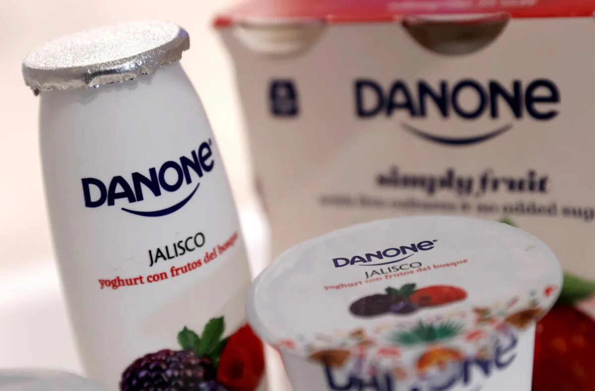 Danone products displayed before the French food group's 2019 annual results presentation in Paris, France, on Feb. 26, 2020. (Christian Hartmann/Reuters, File Photo)