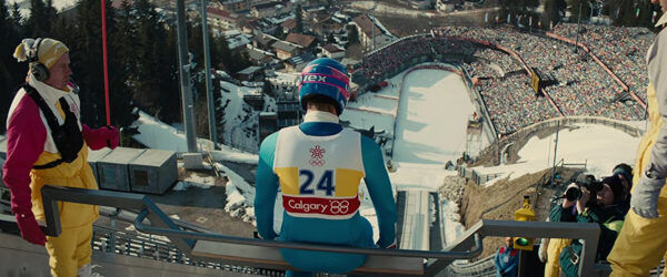 man on Olympic ski ramp in "Eddie the Eagle"