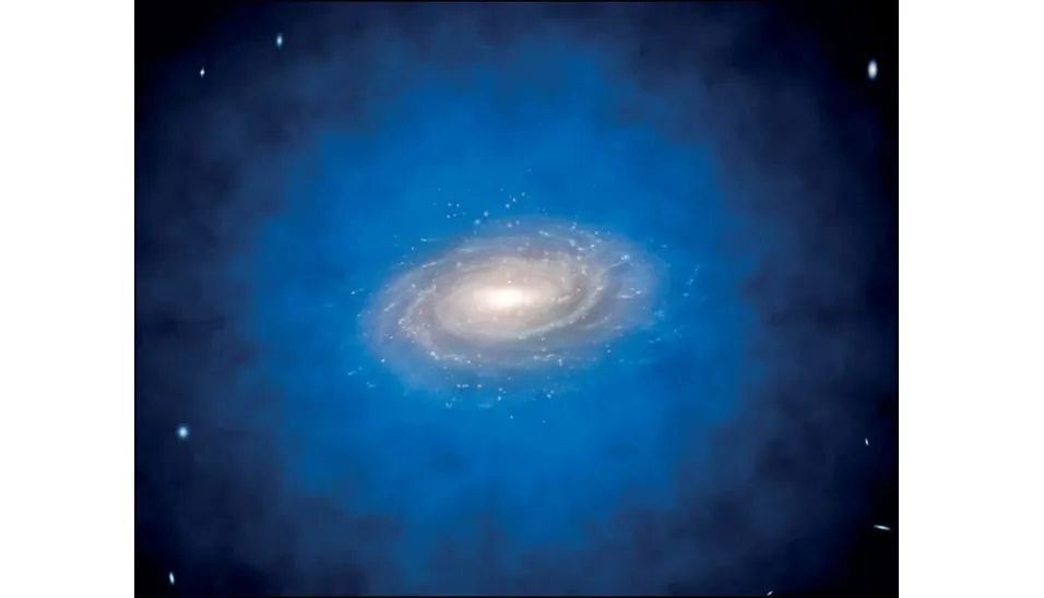 Artist’s impression of a spiral galaxy embedded in a larger distribution of invisible dark matter, known as a dark matter halo (colored in blue). (ESO / L. Calçada)