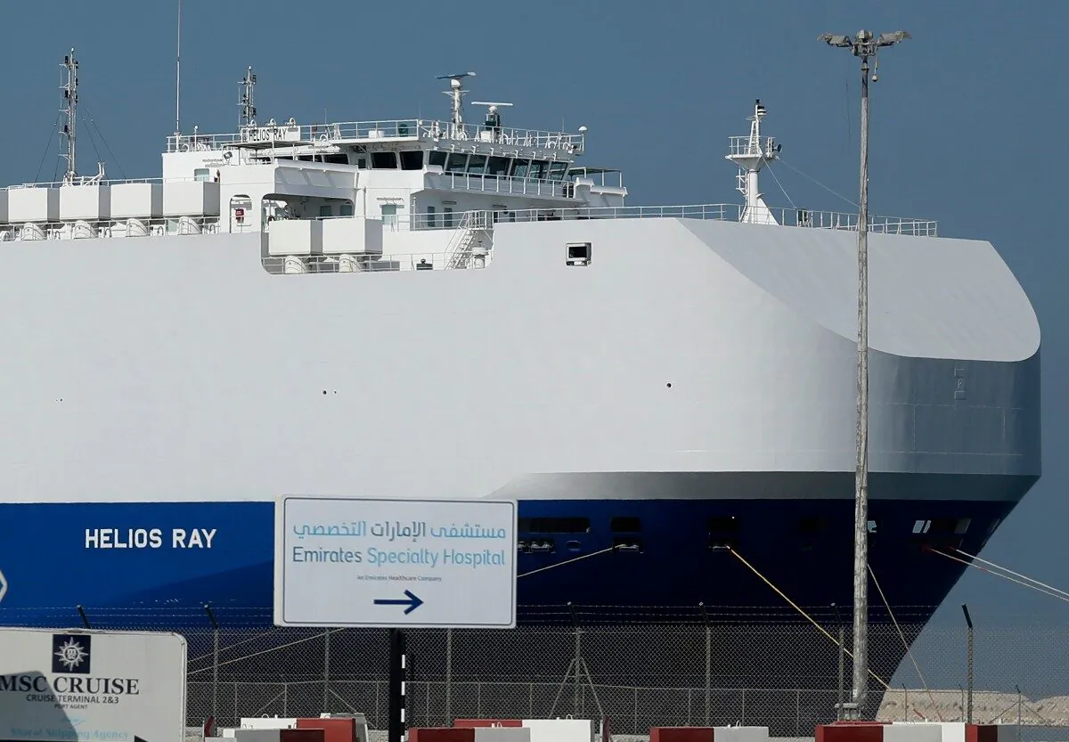 The Israeli-owned cargo ship, Helios Ray, sits docked in port after arriving earlier in Dubai, United Arab Emirates, on Feb. 28, 2021. (Kamran Jebreili/AP Photo)