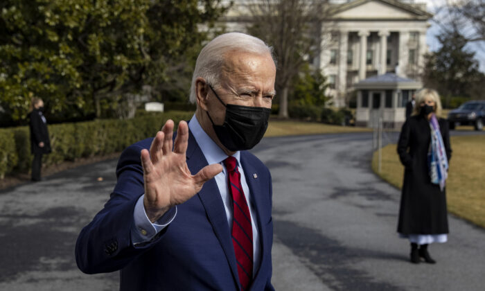 President Joe Biden speaks to the media at the White House before he walks to Marine on the south lawn on Feb. 27, 2021 in Washington. (Tasos Katopodis/Getty Images)