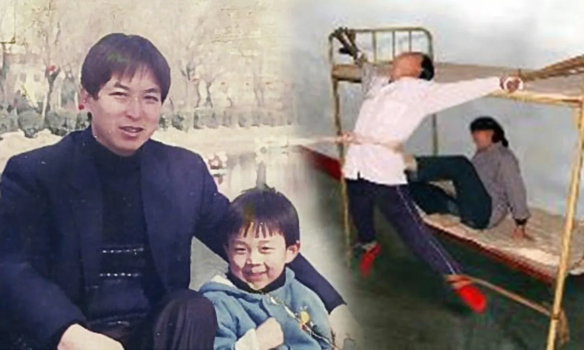 L: Ye Jia with his toddler son Eric (Courtesy of Eric Jia), R: Torture reenactment (Minghui.org)