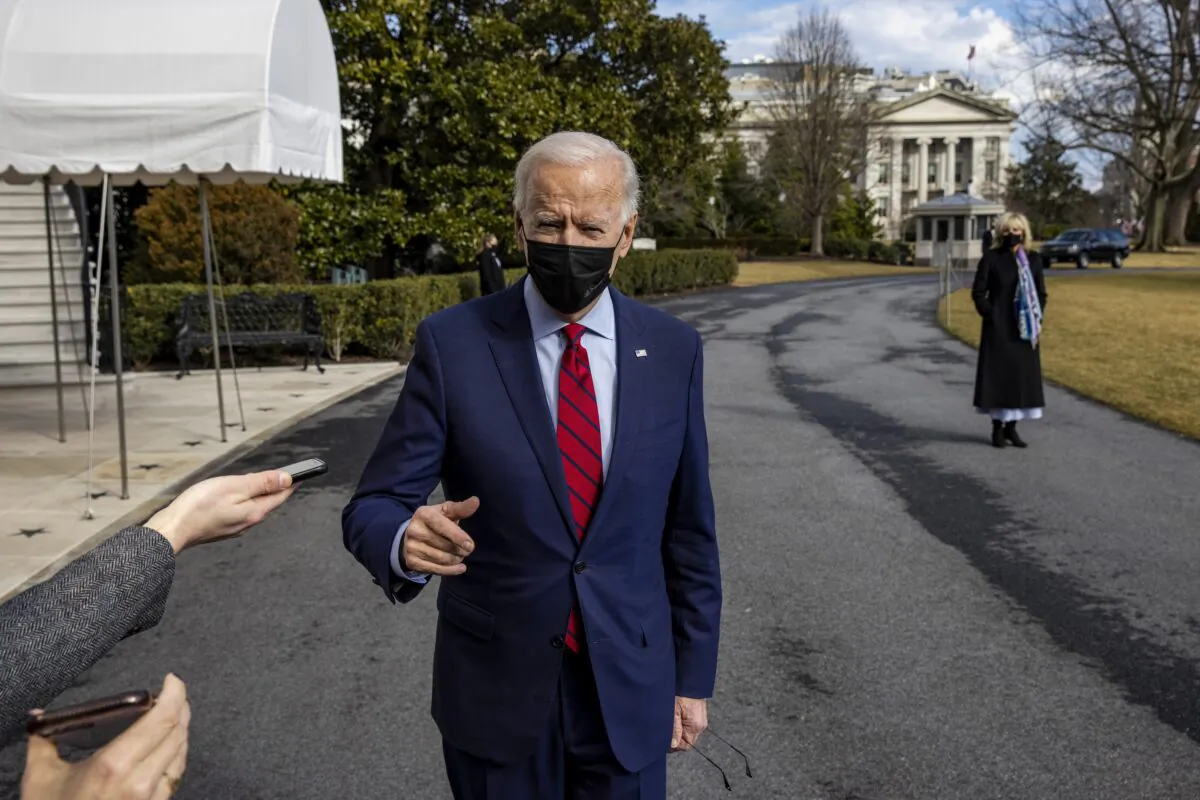 President Joe Biden speaks to reporters as he departs from the White House on Feb. 27, 2021. (Tasos Katopodis/Getty Images)
