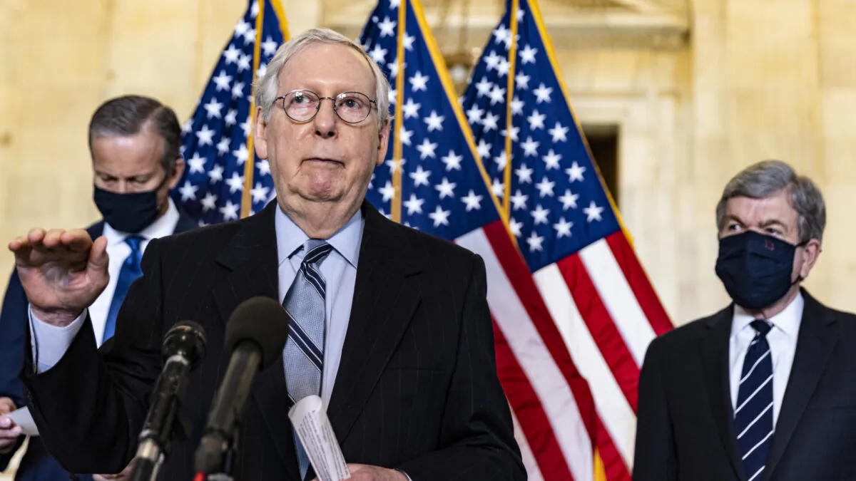 Senate Minority Leader Mitch McConnell (R-KY) speaks to the media after the Republican leaders' weekly lunch at the U.S. Capitol in Washington on March 23, 2021. (Tasos Katopodis/Getty Images)
