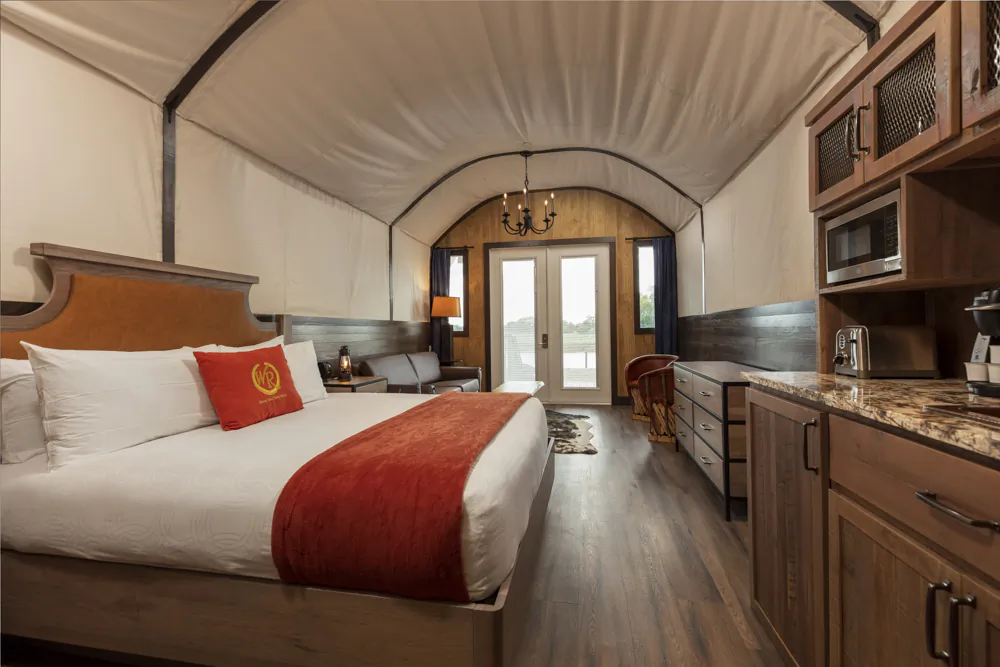 Inside a new luxury Conestoga wagon at Westgate River Ranch. (Courtesy of Westgate River Ranch)