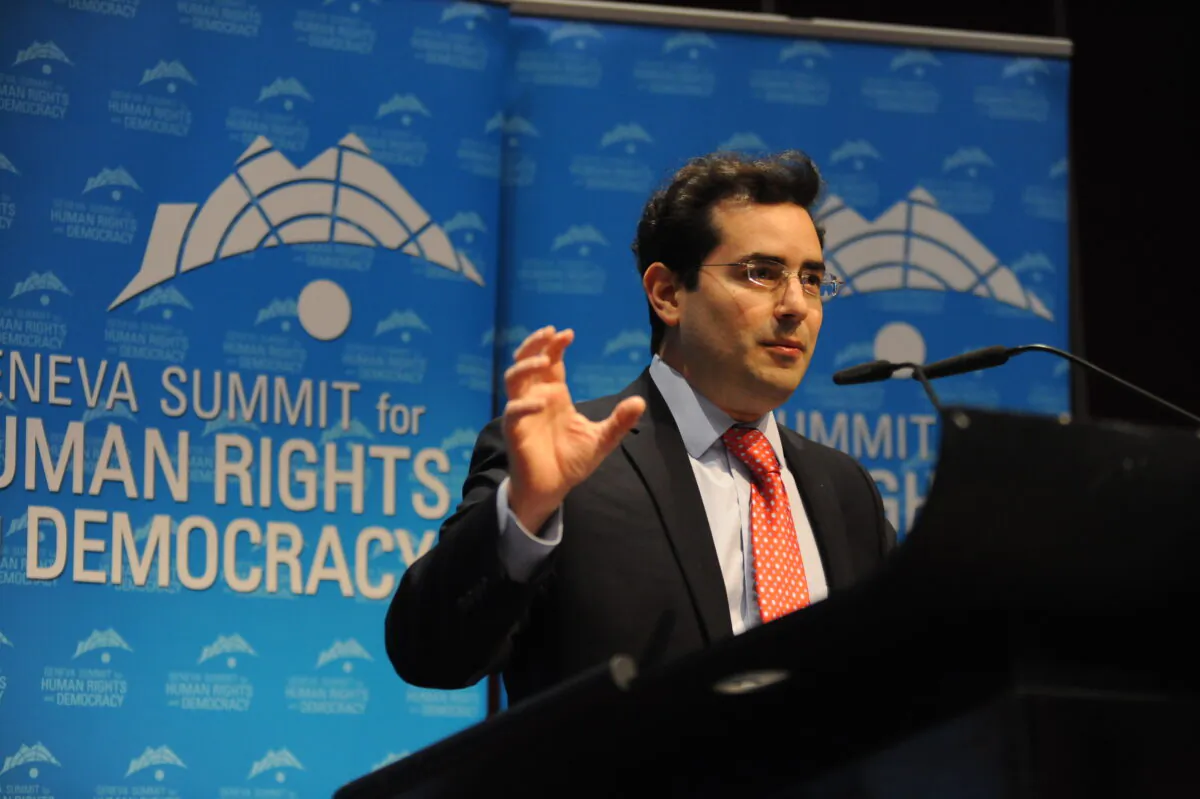 Hillel Neuer, executive director of UN Watch, speaks at the 2015 Geneva Summit for Human Rights and Democracy in Switzerland on Feb. 24, 2015. (Courtesy Hillel Neuer)