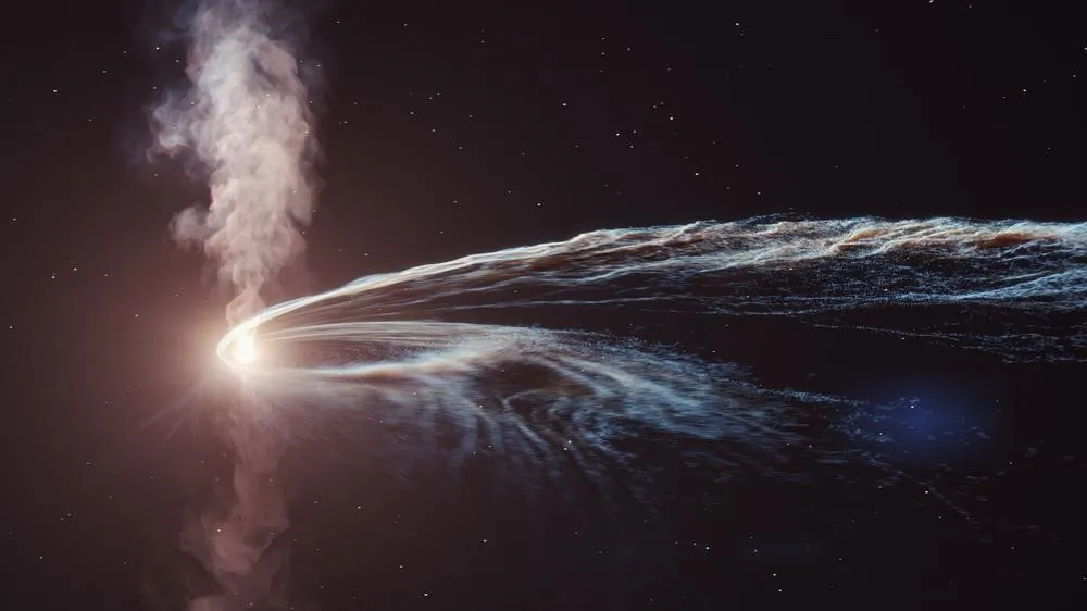 An illustration of a tidal disruption event, in which a star is shredded and swallowed by a supermassive black hole, which launches a tremendous amount of energy in a plasma jet-like outflow. (DESY, Science Communication Lab)