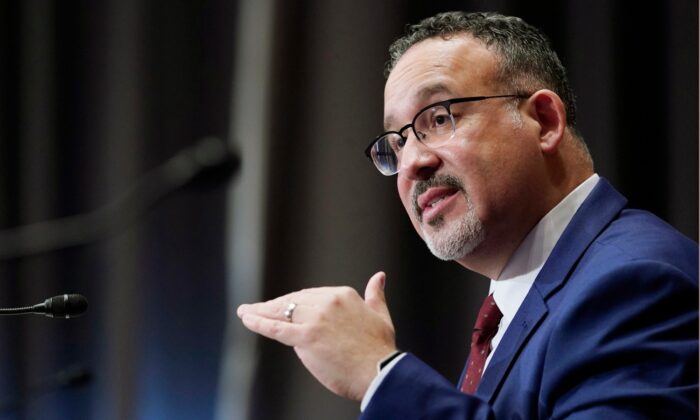 Secretary of Education Miguel Cardona testifies during his confirmation hearing before the Senate Education and Labor Committee on Feb. 3, 2021. (Susan Walsh/Pool/Getty Images)