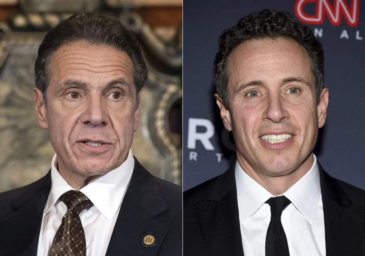 New York Gov. Andrew Cuomo (L) appears during a news conference on Dec. 3, 2020. (R) CNN host Chris Cuomo is seen at an event on Dec. 9, 2018. (Mike Groll/Office of Governor of Andrew M. Cuomo via AP and Evan Agostini/Invision/AP)