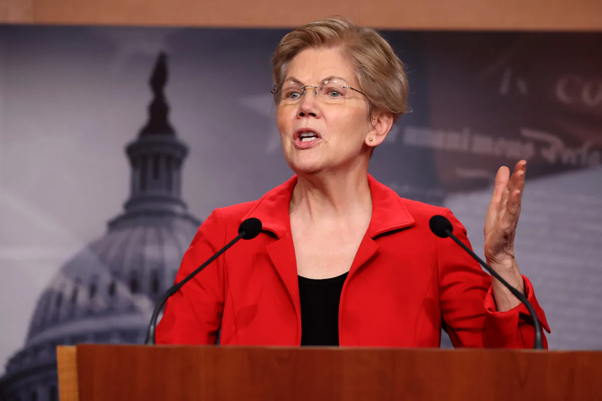 Sen. Elizabeth Warren (D-Mass.) speaks at a news conference at the U.S. Capitol in Washington, D.C., on March 1, 2021. (Chip Somodevilla/Getty Images)