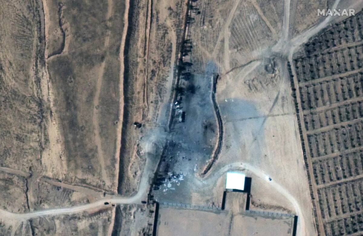 A close up view of destroyed buildings at an Iraq-Syria border crossing after airstrikes are seen on Feb. 26, 2021. (Satellite image (copyright) 2021 Maxar Technologies/Handout via Reuters)