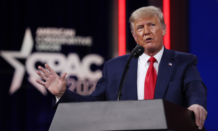 Former U.S. president Donald Trump addresses the Conservative Political Action Conference (CPAC) held at the Hyatt Regency in Orlando, Florida, on Feb. 28, 2021. (Joe Raedle/Getty Images)