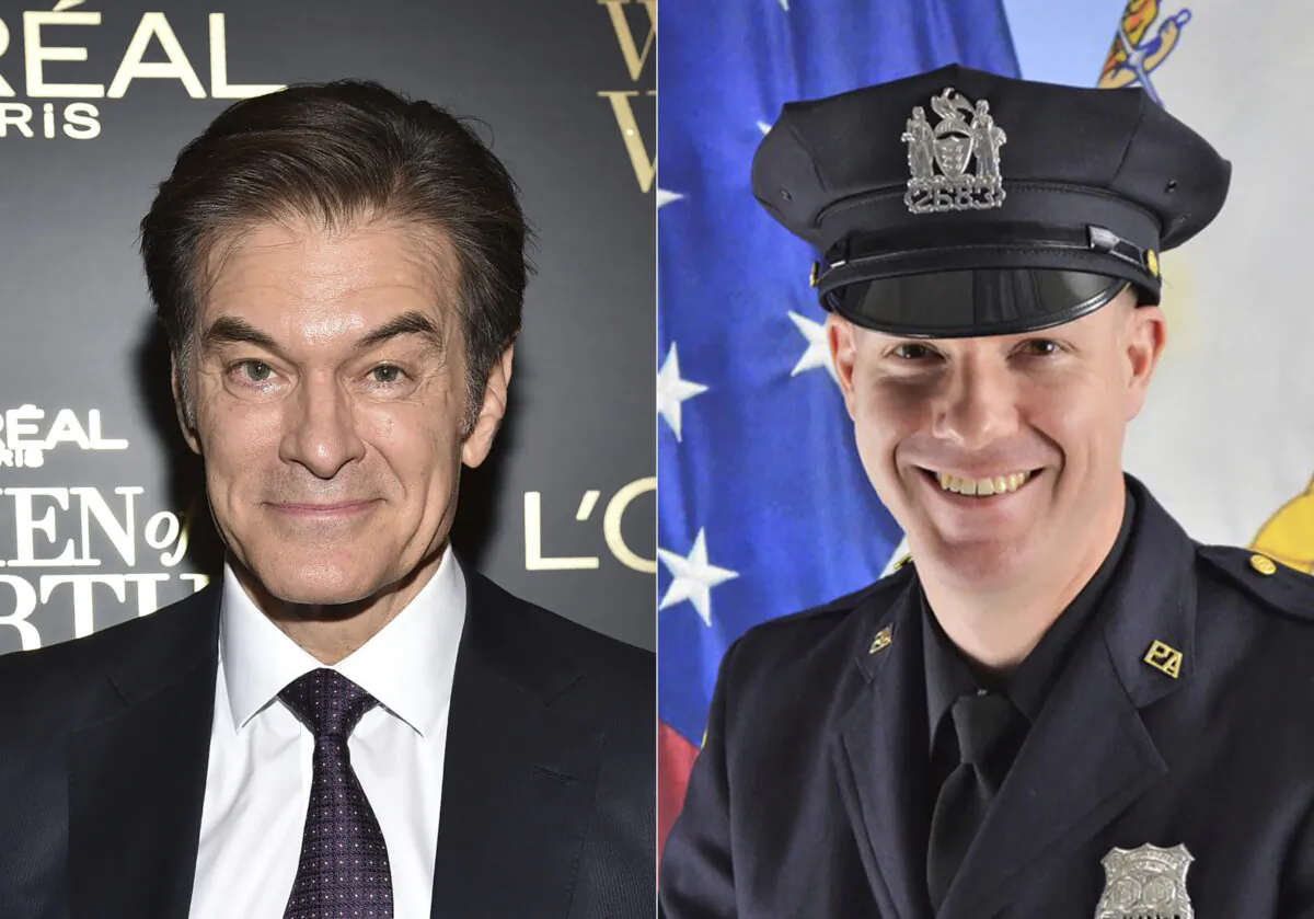 This combination photo shows TV personality Dr. Mehmet Oz (L) at the 14th annual L'Oreal Paris Women of Worth Gala in New York on Dec. 4, 2019, and Port Authority Officer Jeffrey Croissant. (AP Photo/Port Authority of New York & New Jersey via AP)