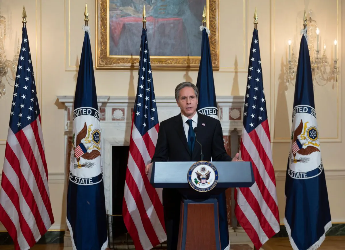 U.S. Secretary of State Antony Blinken delivers remarks about priorities for administration of U.S. President Joe Biden in the Ben Franklin room at the State Department in Washington, on March 3, 2021. (Andrew Caballero-Reynolds/POOL/AFP via Getty Images)