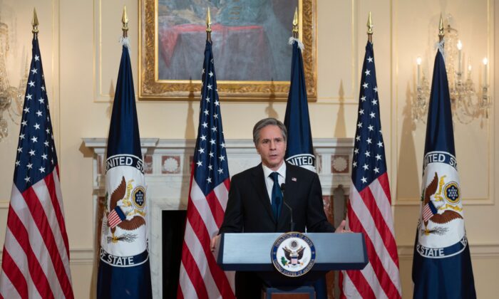 U.S. Secretary of State Antony Blinken delivers remarks about priorities for administration of U.S. President Joe Biden in the Ben Franklin room at the State Department in Washington, on March 3, 2021.  (Andrew Caballero-Reynolds/POOL/AFP via Getty Images)