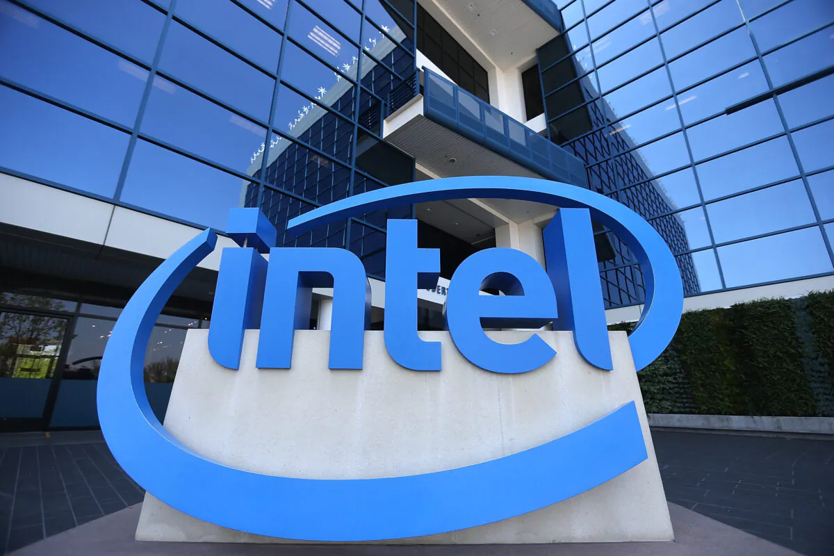 The Intel logo is displayed outside of the Intel headquarters in Santa Clara, Calif., on April 26, 2018. (Justin Sullivan/Getty Images)