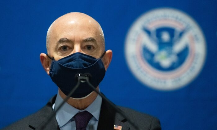Homeland Security Secretary Alejandro Mayorkas delivers remarks while visiting a FEMA community vaccination center in Philadelphia, Pa., on March 2, 2021. (Mark Makela/Getty Images)
