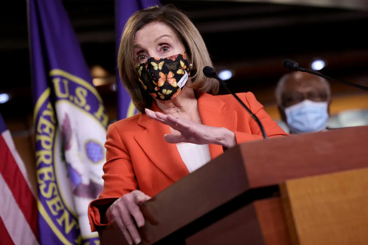 Speaker of the House Nancy Pelosi (D-Calif.) speaks during a press conference in Washington on March 2, 2021. (Win McNamee/Getty Images)