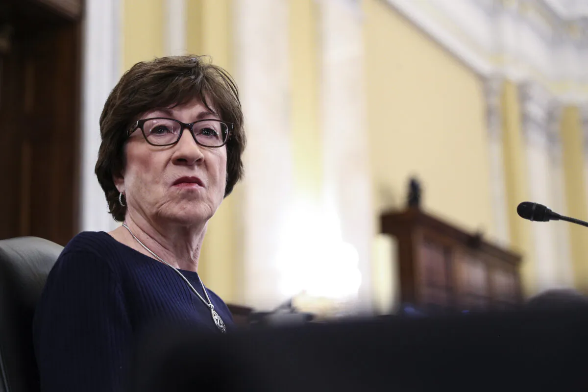Sen. Susan Collins (R-Maine) listens during a Senate hearing on Capitol Hill, in Washington, on Feb. 24, 2021. (Tom Brenner/Pool via AP)
