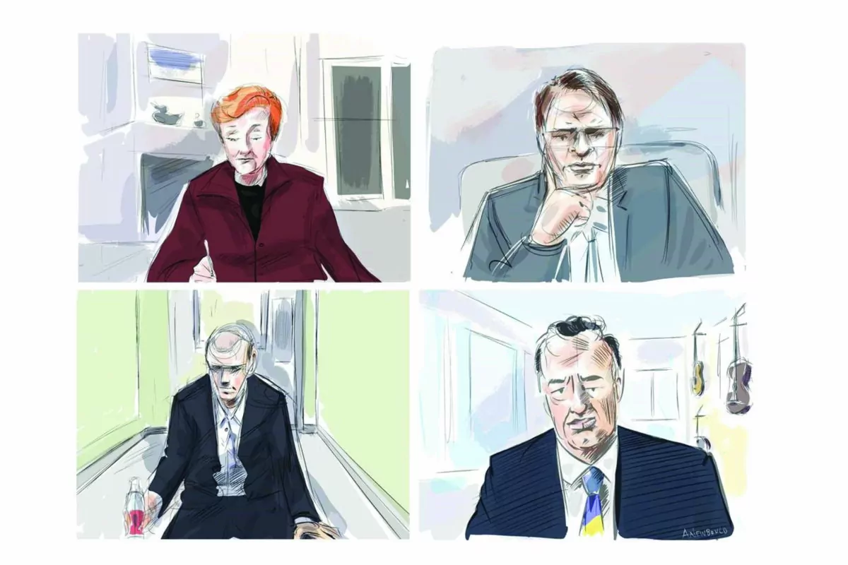 Justice Anne Molloy, from top left, John Rinaldi, Dr. Scott Woodside and accused Alek Minassian are shown during a murder trial conducted via Zoom videoconference in this courtroom sketch on December 11, 2020. (Alexandra Newbould/The Canadian Press)