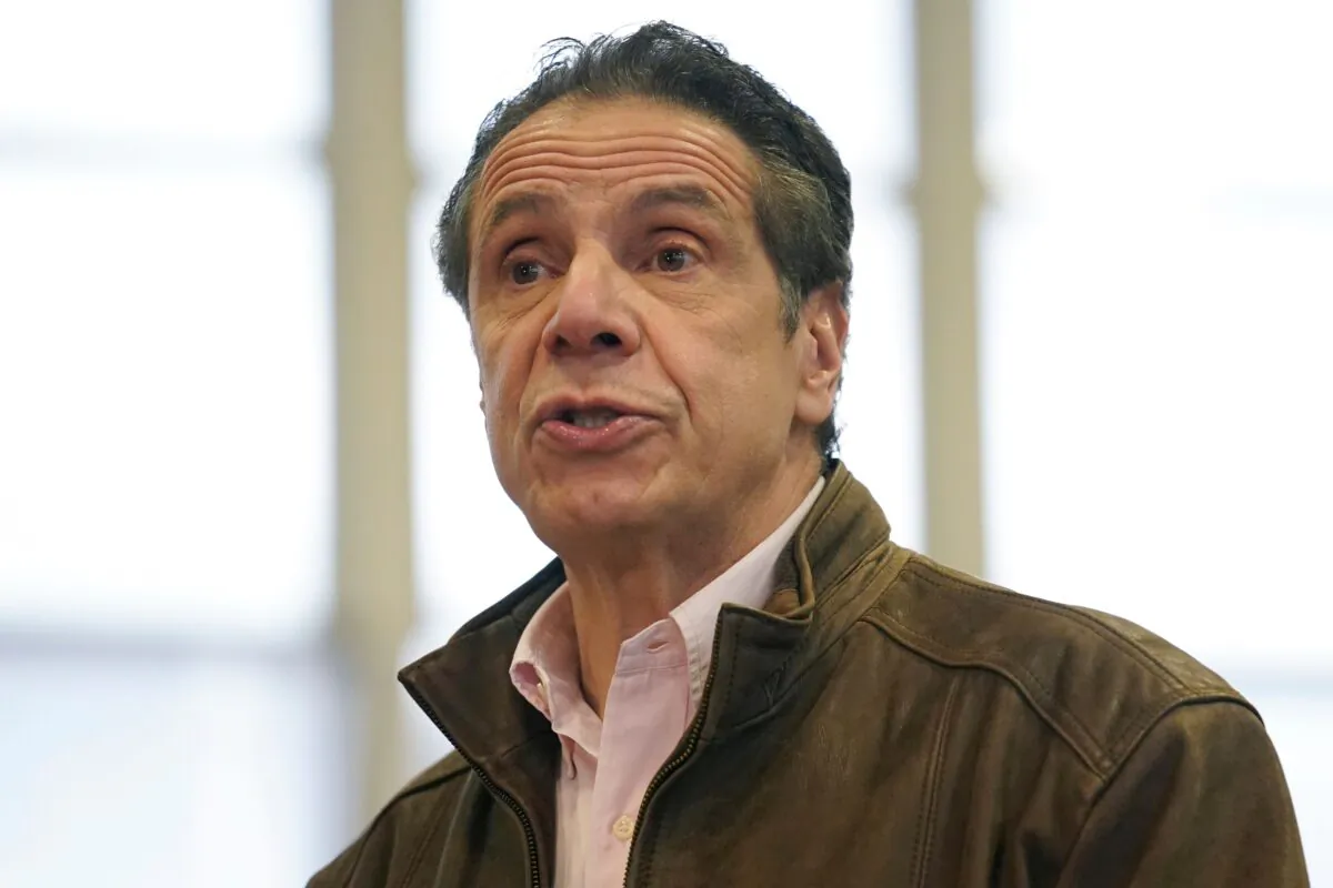 New York Gov. Andrew Cuomo speaks during a news conference at a vaccination site in Brooklyn on Feb. 22, 2021. (Seth Wenig/Pool/AFP via Getty Images)