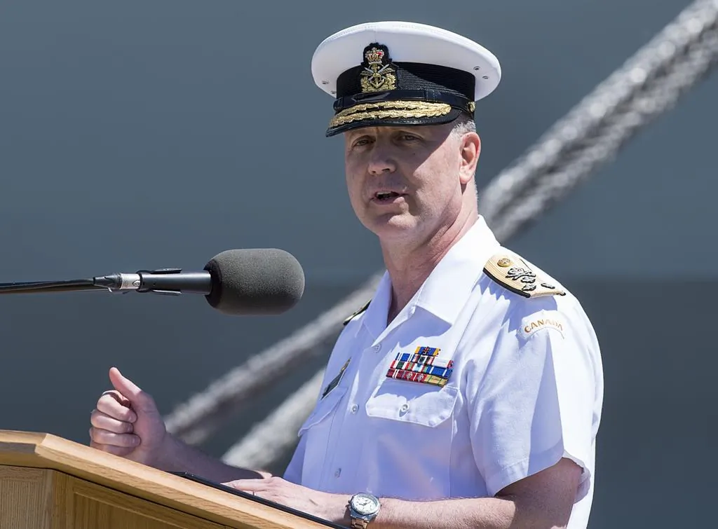 Adm. Art McDonald addresses the audience at the Royal Canadian Navy Change of Command ceremony in Halifax on June 12, 2019. (Andrew Vaughan/The Canadian Press)