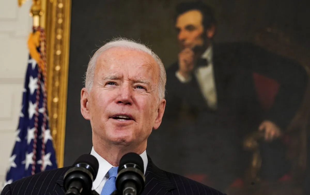 President Joe Biden speaks about his administration's COVID-19 response, in the State Dining Room at the White House on March 2, 2021. (Kevin Lamarque/Reuters)