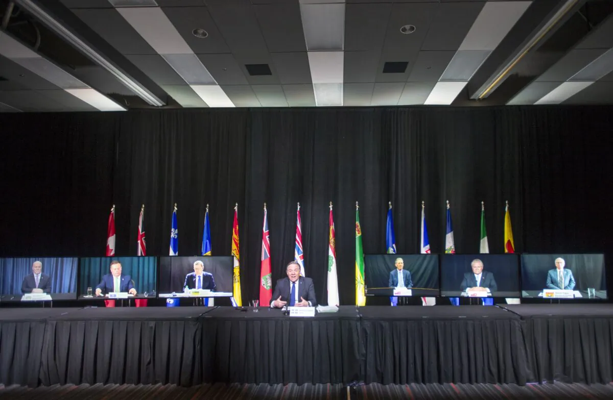 Quebec Premier Francois Legault chairs a premiers virtual news conference in Montreal, Canada, on March 4, 2021. (Ryan Remiorz/The Canadian Press)