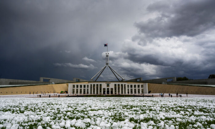 Hail at Parliament House in Canberra, Australia, on Jan. 20, 2020. (Rohan Thomson/Getty Images)