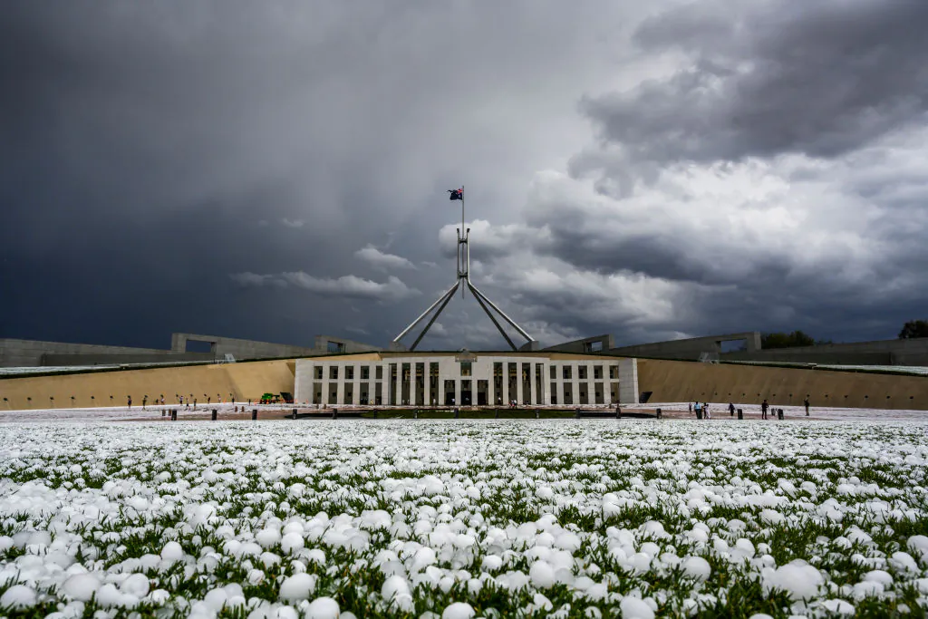 Hail at Parliament House in Canberra, Australia, on Jan. 20, 2020. (Rohan Thomson/Getty Images)