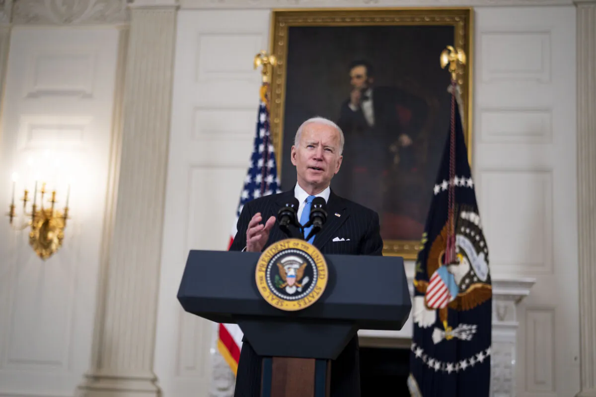President Joe Biden speaks in the State Dining Room of the White House, on March 2, 2021. (Doug Mills/Pool/Getty Images)