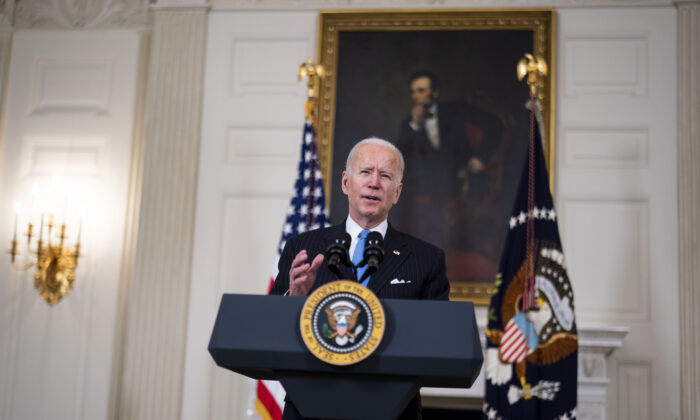 President Joe Biden speaks in the State Dining Room of the White House on March 2, 2021 in Washington, DC. (Doug Mills-Pool/Getty Images)