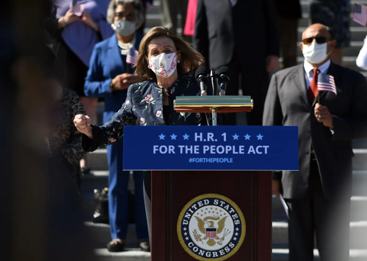 Speaker of the House Nancy Pelosi (D-Calif.) speaks at an event for the "For the People Act of 2021" on the steps of the Capitol in Washington on March 3, 2021. (Eric Baradat/AFP via Getty Images)