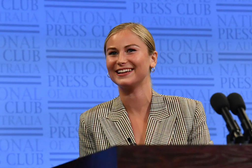 Grace Tame speaks at the National Press Club on in Canberra, Australia on March 03, 2021. Tame, named Australian of the Year for her advocacy work for sexual assault survivors (Sam Mooy/Getty Images)