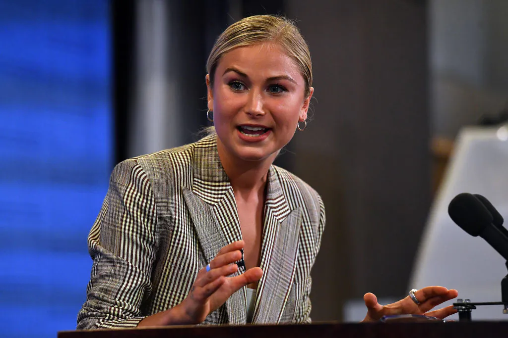 Grace Tame speaks at the National Press Club in Canberra, Australia on March 03, 2021. (Sam Mooy/Getty Images)