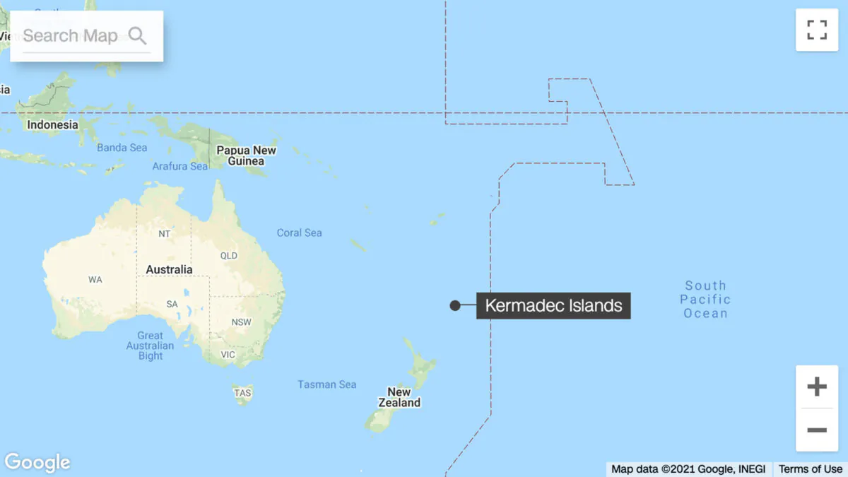A map showing the location of the 8.1-magnitude earthquake near Kermadec Islands, New Zealand, on March 5, 2021. (Google)